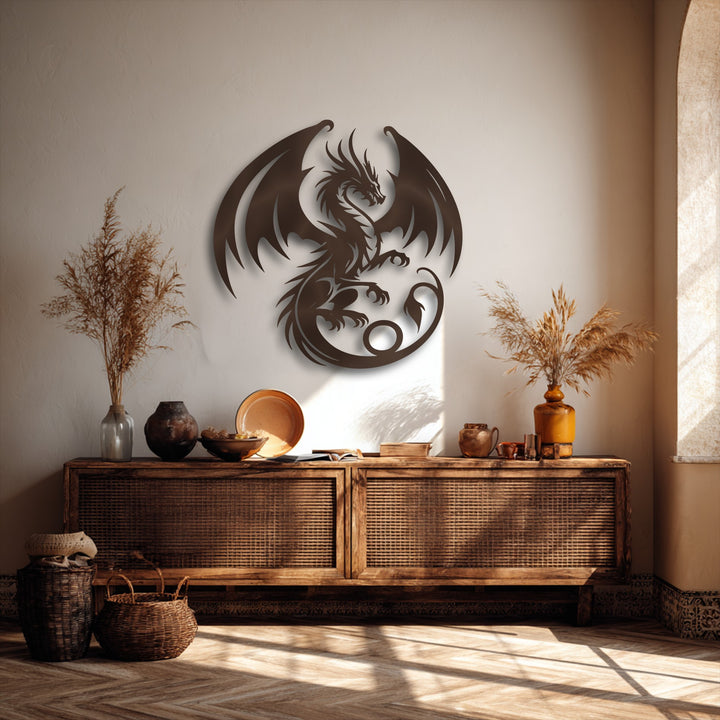 Smooth dark metal of the unique metal wall art dragon contrasts with rough plaster walls, rustic woven wood, and earthy pottery textures.