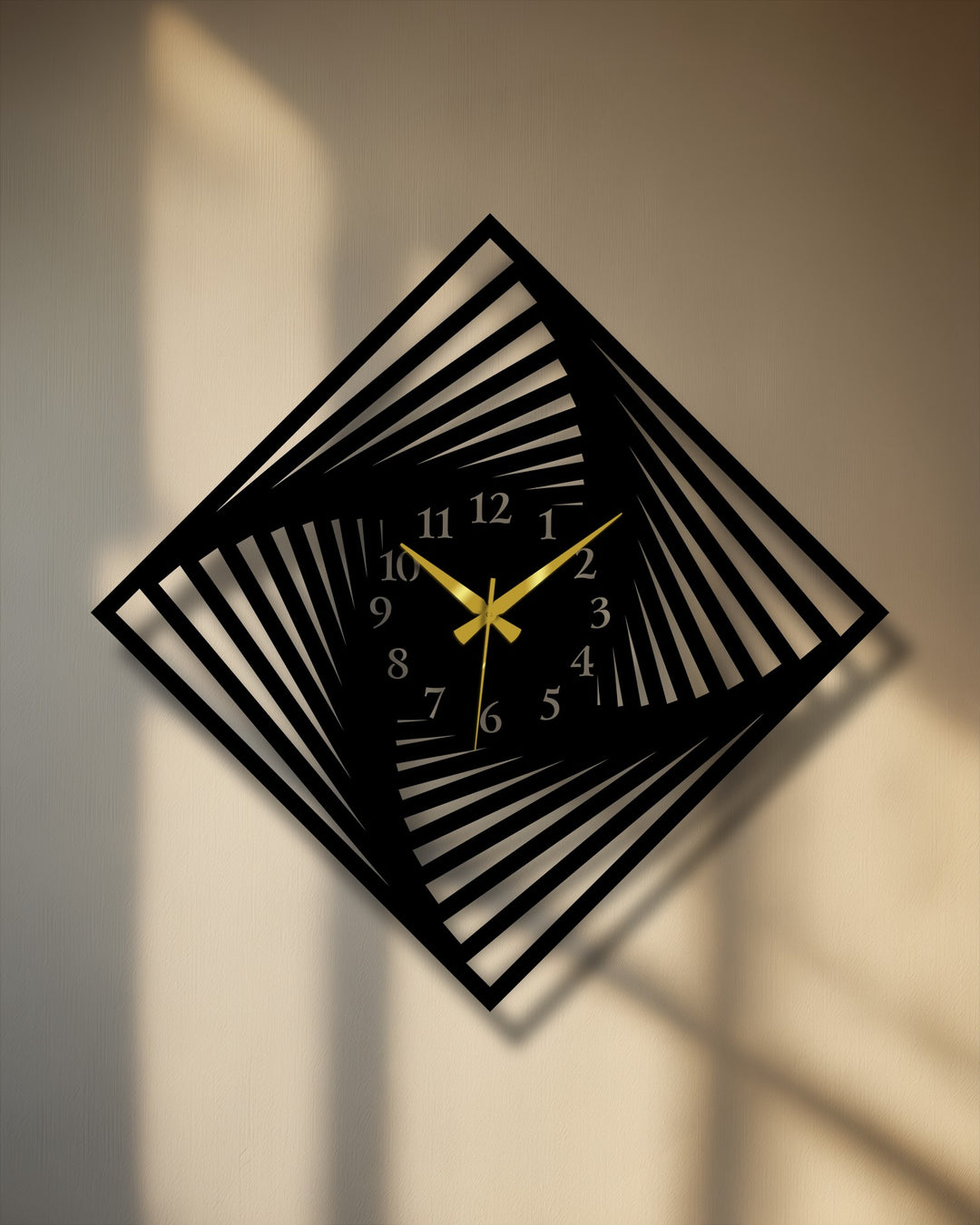 The stillness of the moment captures the intricate shadows cast by the twisted square metal wall clock, a unique piece of metal artwork.