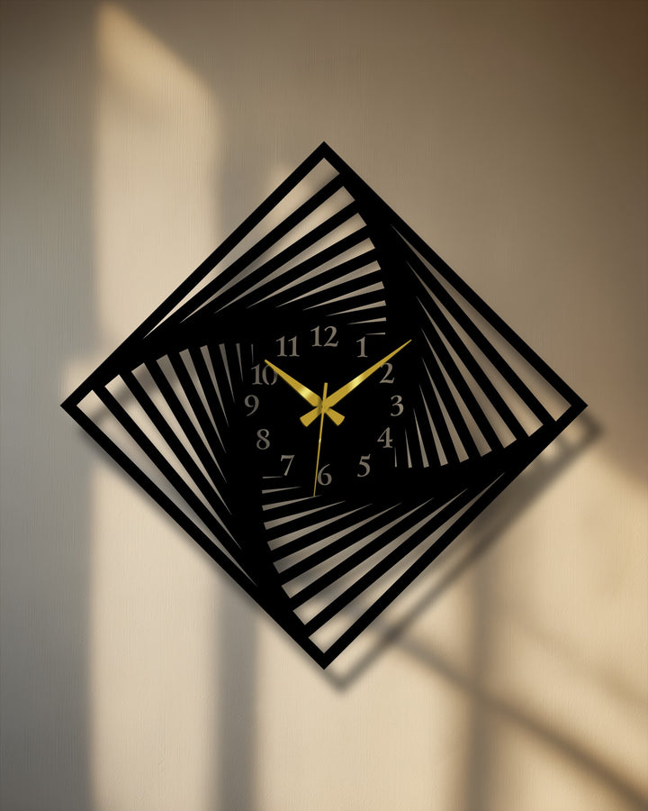 The stillness of the moment captures the intricate shadows cast by the twisted square metal wall clock, a unique piece of metal artwork.