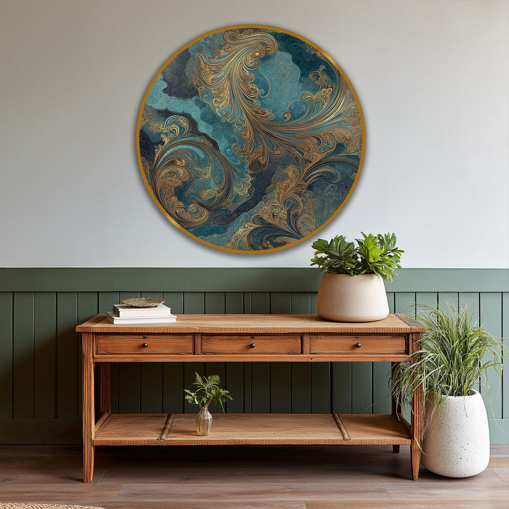 Featuring prominent circles and swirling patterns, this teal and gold round abstract oil painting decoration forms a captivating geometric composition.