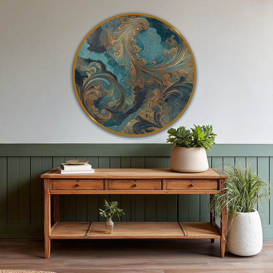 Featuring prominent circles and swirling patterns, this teal and gold round abstract oil painting decoration forms a captivating geometric composition.