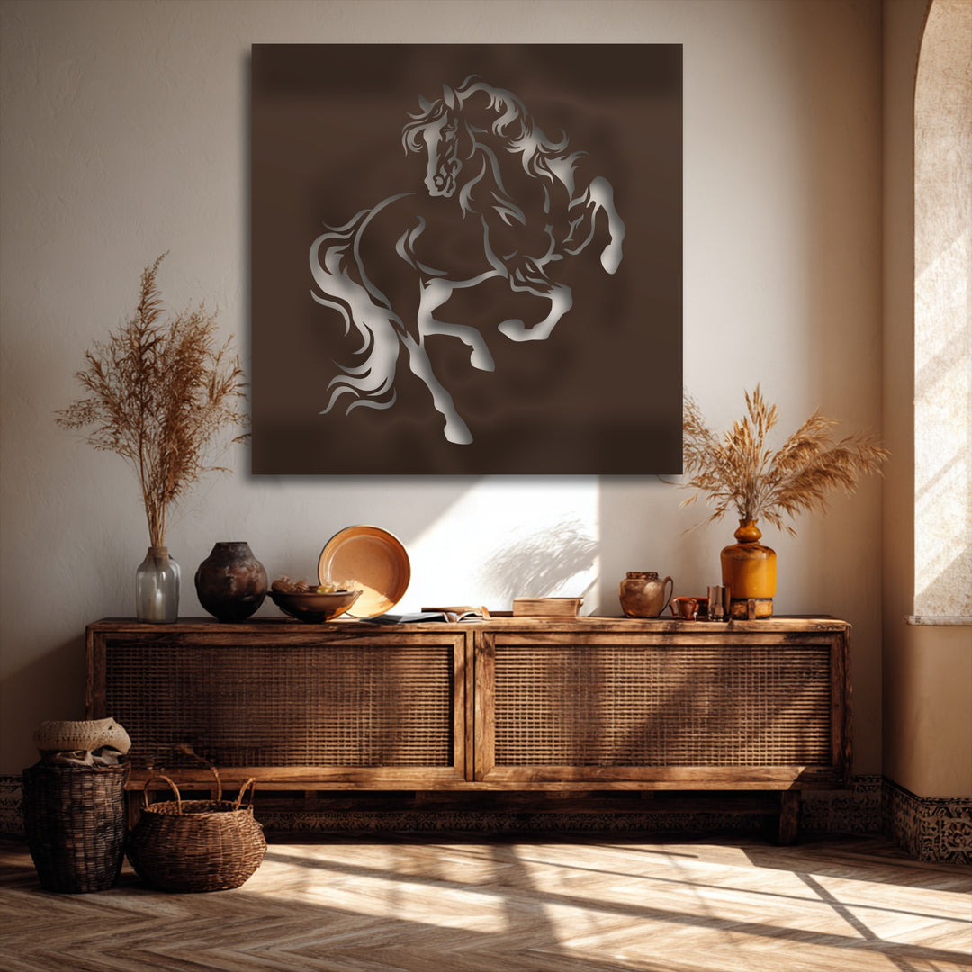 Sunlight bathes the floor and wall, illuminating the room below the striking rearing horse silhouette unique metal wall art.