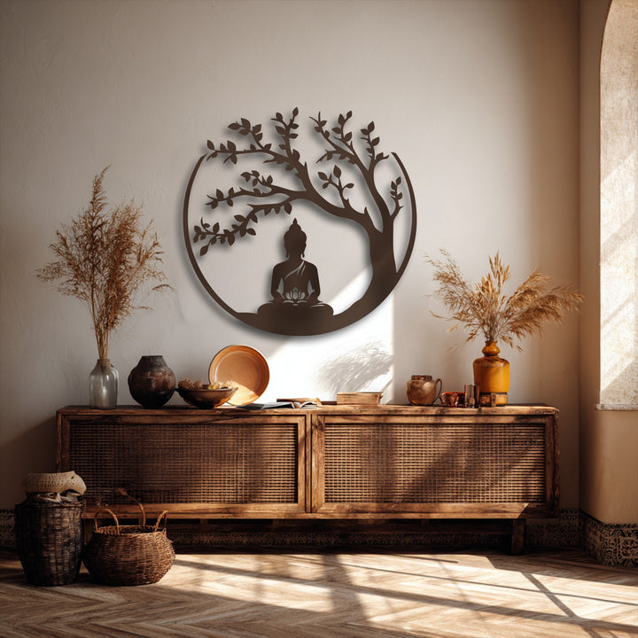 Highlighting the organic forms, this decoration wall art showcases a serene Buddha figure beneath a stylized tree, encircled within the round metal spiritual wall decor.