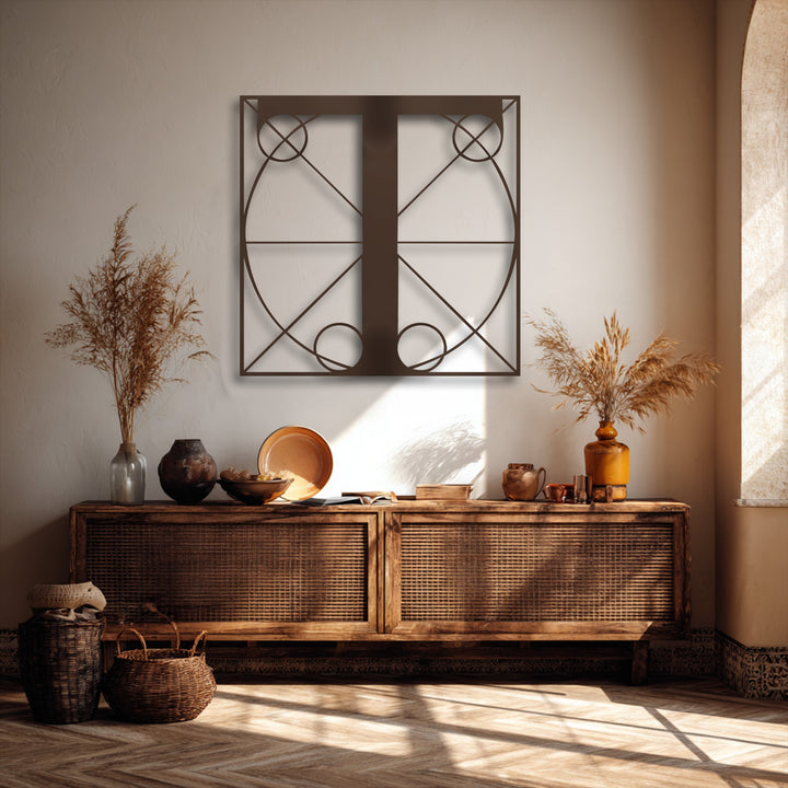 Deep bronze geometric letter T metal art for wall, with a modern monogram design, casting warm shadows in a stylish interior.