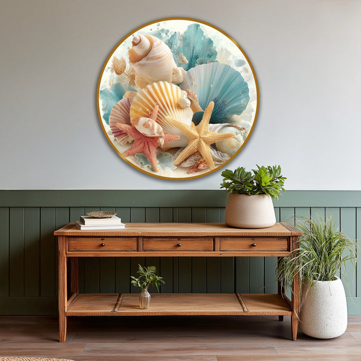 Showcasing the realistic detail, this pastel coastal shells round oil painting art piece displays intricate starfish and seashell arrangements, bringing a serene oceanic touch.