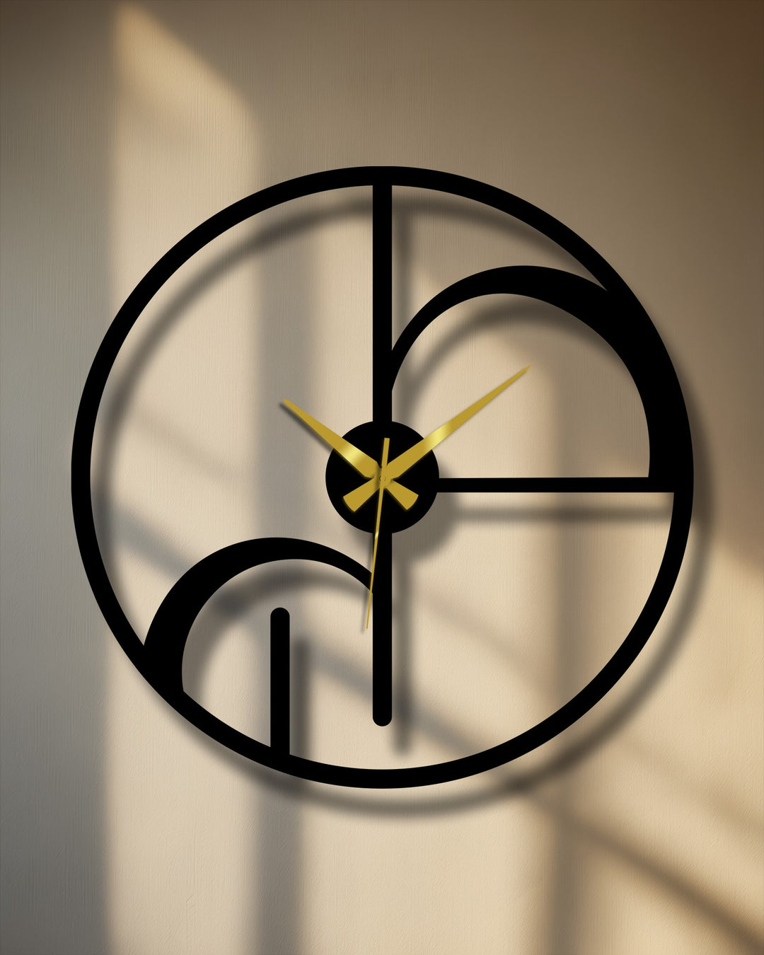 The black metal construction defines the loudest element of this abstract geometric circle decoration wall art, creating a striking contrast against the subtly textured wall.