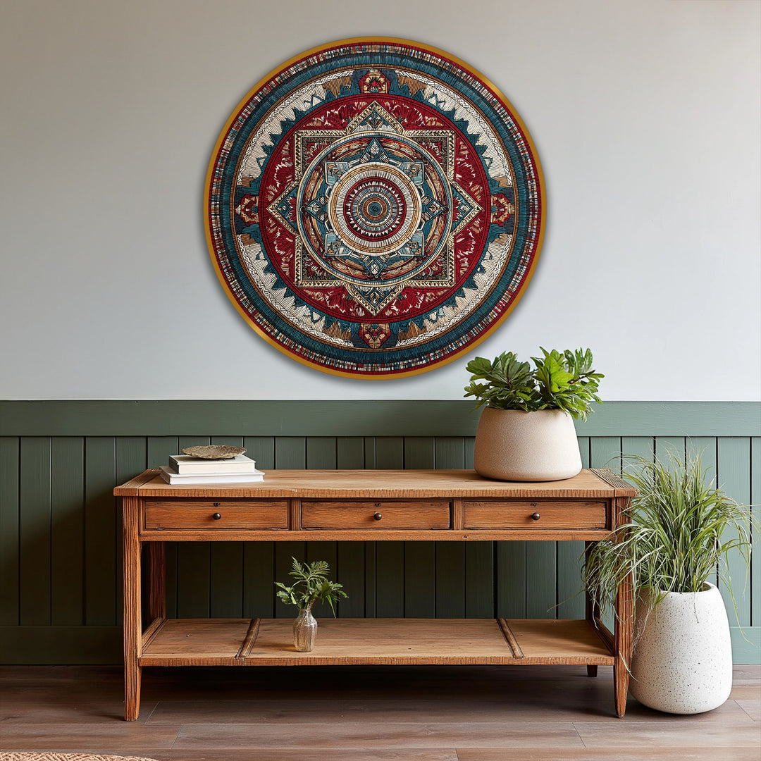 Showcasing the geometric elements, this round ornate mandala is a vibrant oil painting art prints piece with an intricate, symmetrical design rendered in rich, eye-catching colors.