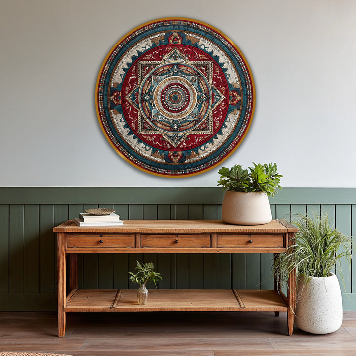 Showcasing the geometric elements, this round ornate mandala is a vibrant oil painting art prints piece with an intricate, symmetrical design rendered in rich, eye-catching colors.