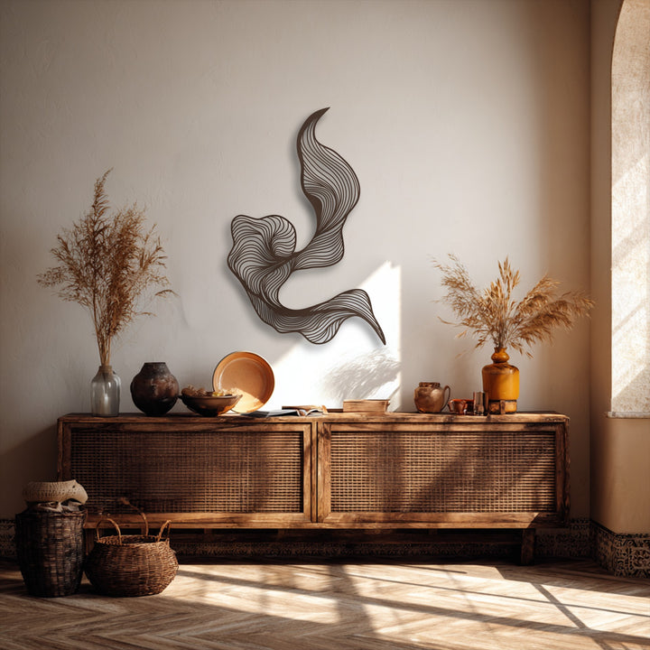 Showcasing remarkable depth and layers, the unique metal wall art's fluid lines cast dynamic shadows against the textured wall, adding intricate visual interest.