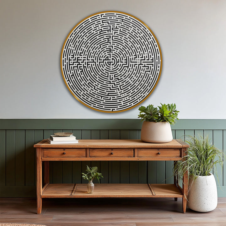 Presenting intriguing depth and layers, this minimalist round oil painting on wood showcases a captivating labyrinth design that elevates modern oil painting home decor.