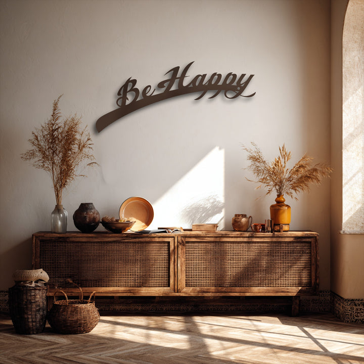 The serene mood of this beautifully sunlit room is enhanced by the uplifting Be Happy Script decorative metal art.