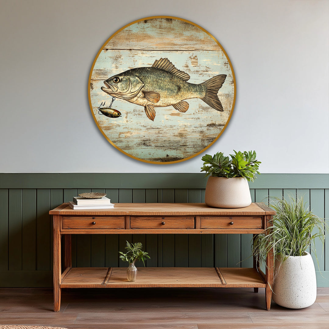 Featuring shades of teal and beige, this rustic catch vintage bass fish round oil painting art prints showcases a classic wildlife design over a distressed wooden backdrop.