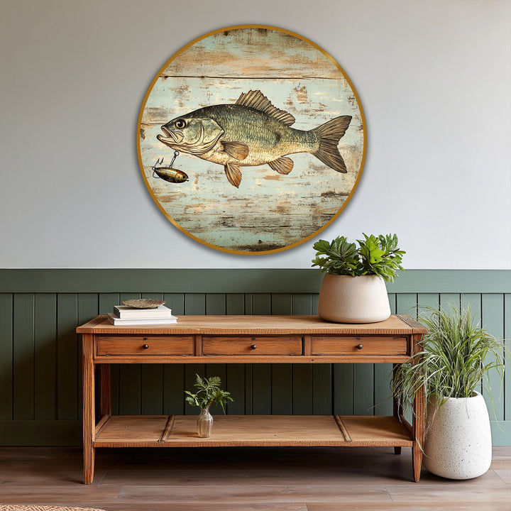 Featuring shades of teal and beige, this rustic catch vintage bass fish round oil painting art prints showcases a classic wildlife design over a distressed wooden backdrop.