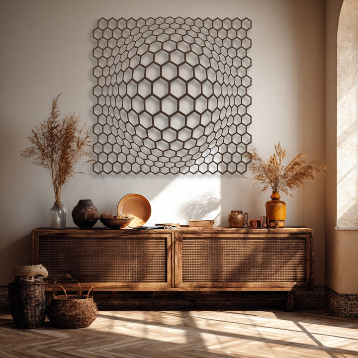 Experience premium material quality with this dark brown, undulating hexagon metal art for wall, creating a captivating 3D illusion.