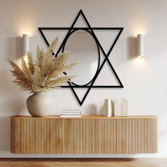 Vertically oriented, the star shape geometric oval wall mirror presents a modern design as stained glass wall mirror with a six-point form and central oval.