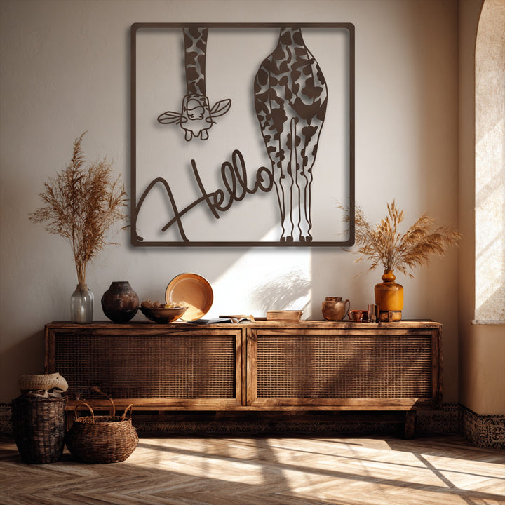 Smooth transitions from light beige walls to deep brown metal artwork featuring a playful giraffe, complemented by earthy décor.