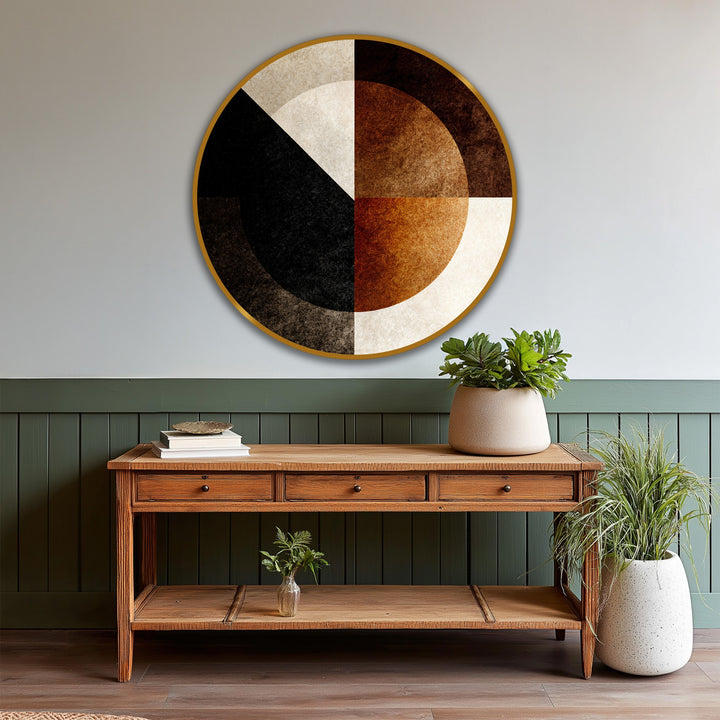 Circular abstract oil painting art prints feature a geometric composition in a horizontal orientation, showcasing a harmonious blend of shapes and warm earth tones.