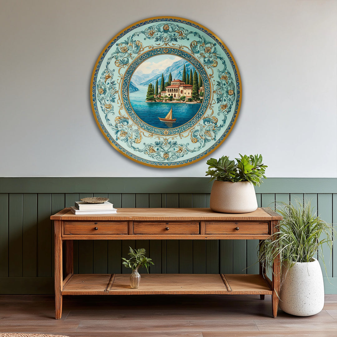 Featuring a round shape, the Mediterranean villa oil painting art piece displays concentric circles in its design, enriching any home decoration.