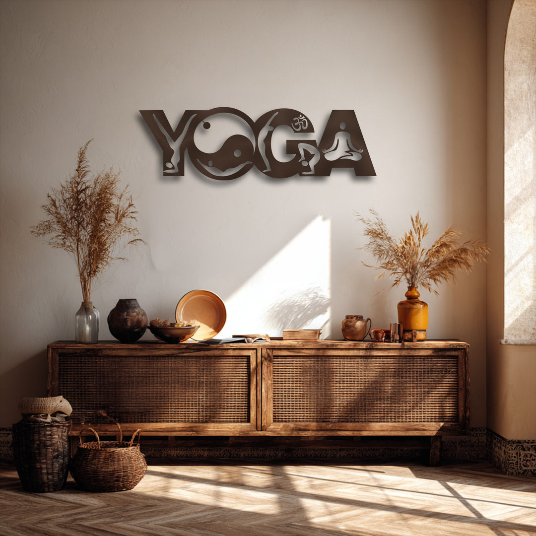 The focal point highlights a striking brown 'YOGA' decorative metal art piece, intricately designed with yin-yang and a meditating figure.