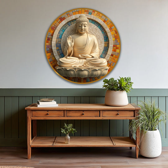 Beige is the dominant color in this radiant blessing mosaic halo Buddha round oil painting reproduction print, adding a spiritual touch to home décor.