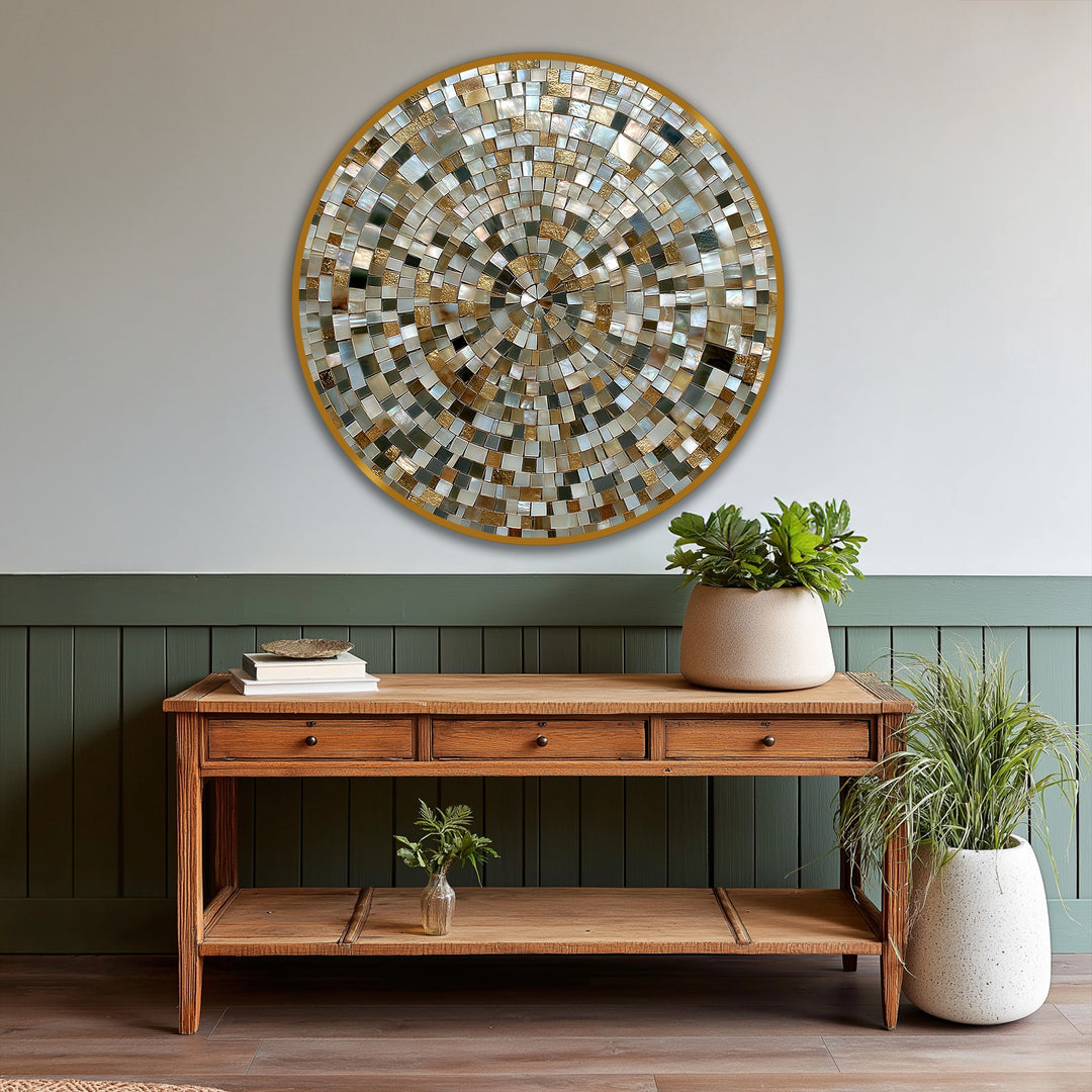 Circular, horizontally-oriented modern oil painting art displays a mosaic pattern forming a golden spiral design.
