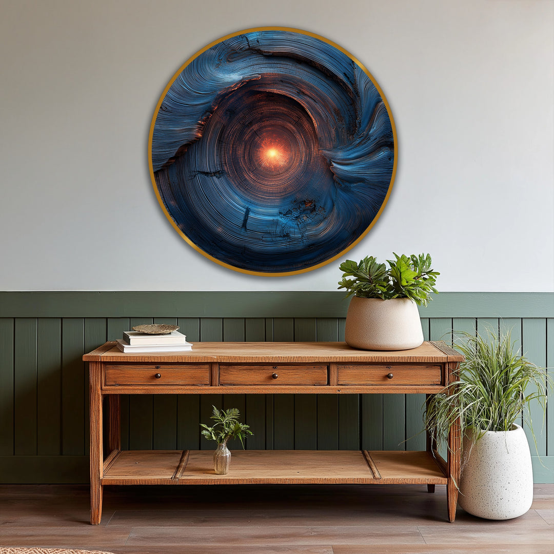 Glowing, circular celestial core abstract oil painting on wood features an intense burst of light emanating from its center, enhancing the surrounding home decor.