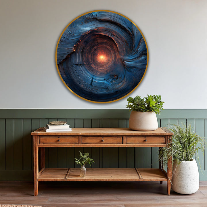 Glowing, circular celestial core abstract oil painting on wood features an intense burst of light emanating from its center, enhancing the surrounding home decor.