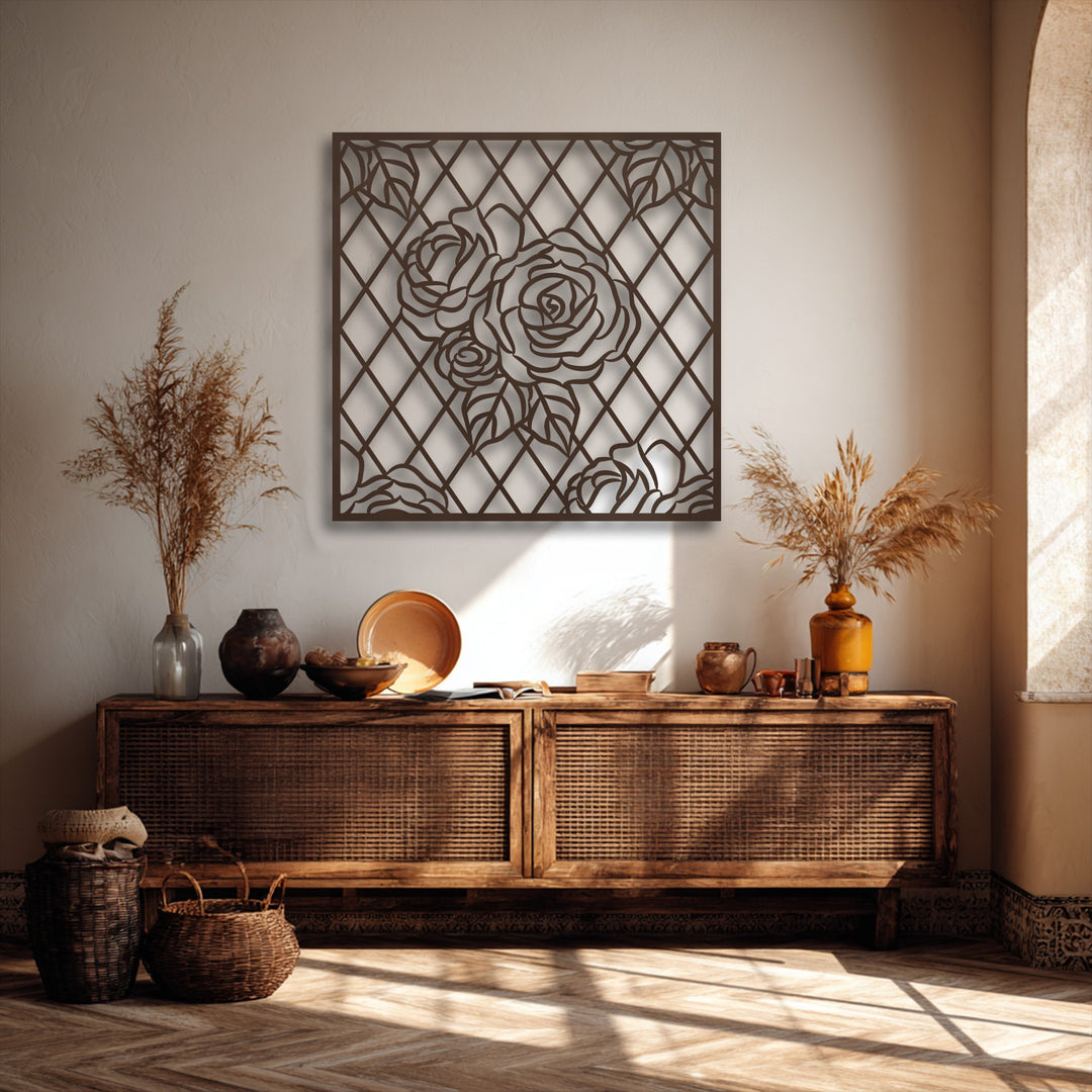 The dark brown Rose Lattice Floral Geometric Panel Decor creates a striking color contrast against the light beige wall, enhancing this metal wall decor.