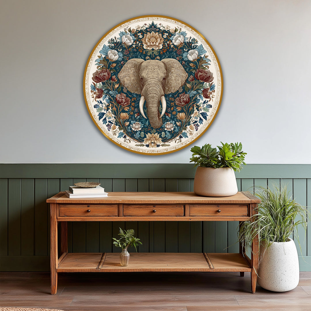 Reflecting the abstract quality, this round floral elephant oil painting art piece presents a blend of naturalistic forms and stylized patterns, creating a captivating visual harmony.