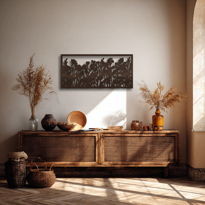 A striking transition from the light wall to the deep brown unique metal wall art wildflower silhouette, harmonizing with warm earthy tones.