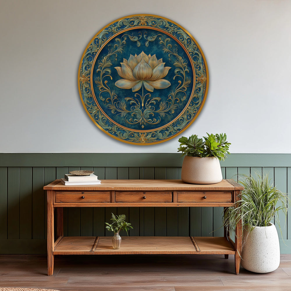 Flowing golden florals encircle the central lotus blossom, giving this ornate round oil painting decoration a dynamic and elegant sense of motion.