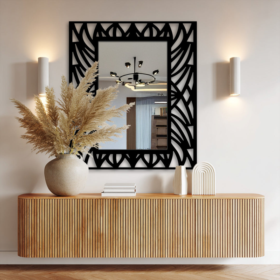 Against the neutral background, the abstract botanical pattern frame floor mirror enhances the sleek decor, adding depth and character with its modern wall mirrors style.