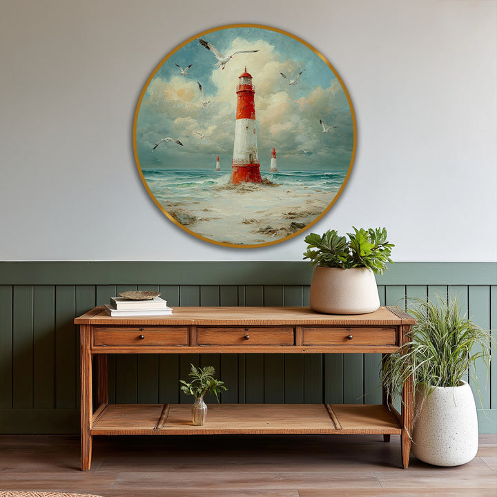 The stillness of the coastal beacon with seagulls in this round oil painting art piece captures a quiet moment at the nautical lighthouse.