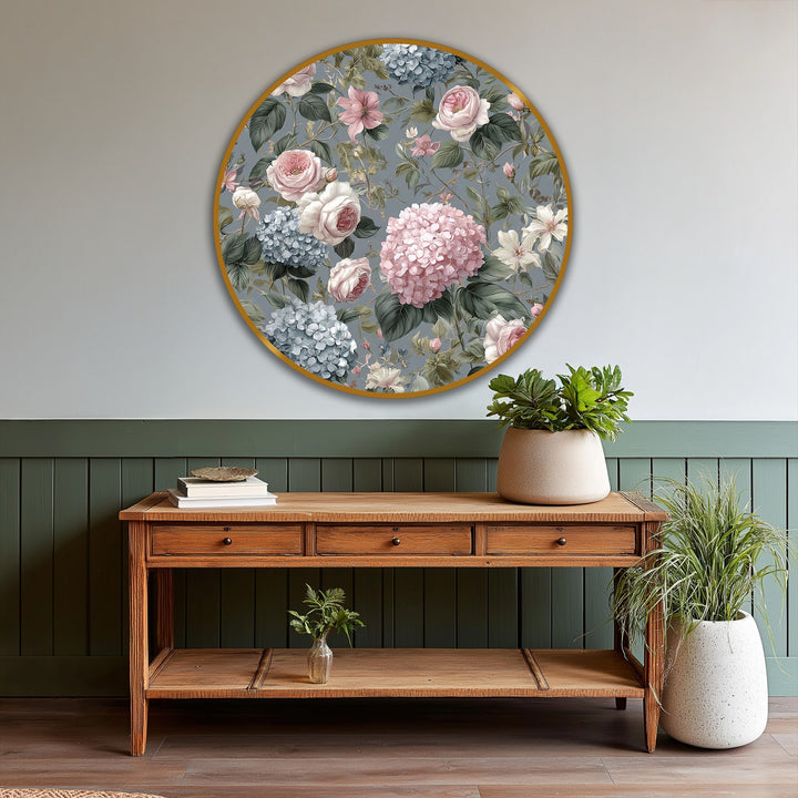 Textured surface reveals brushstrokes creating depth within this vintage garden roses and hydrangeas romantic floral round oil painting art piece.
