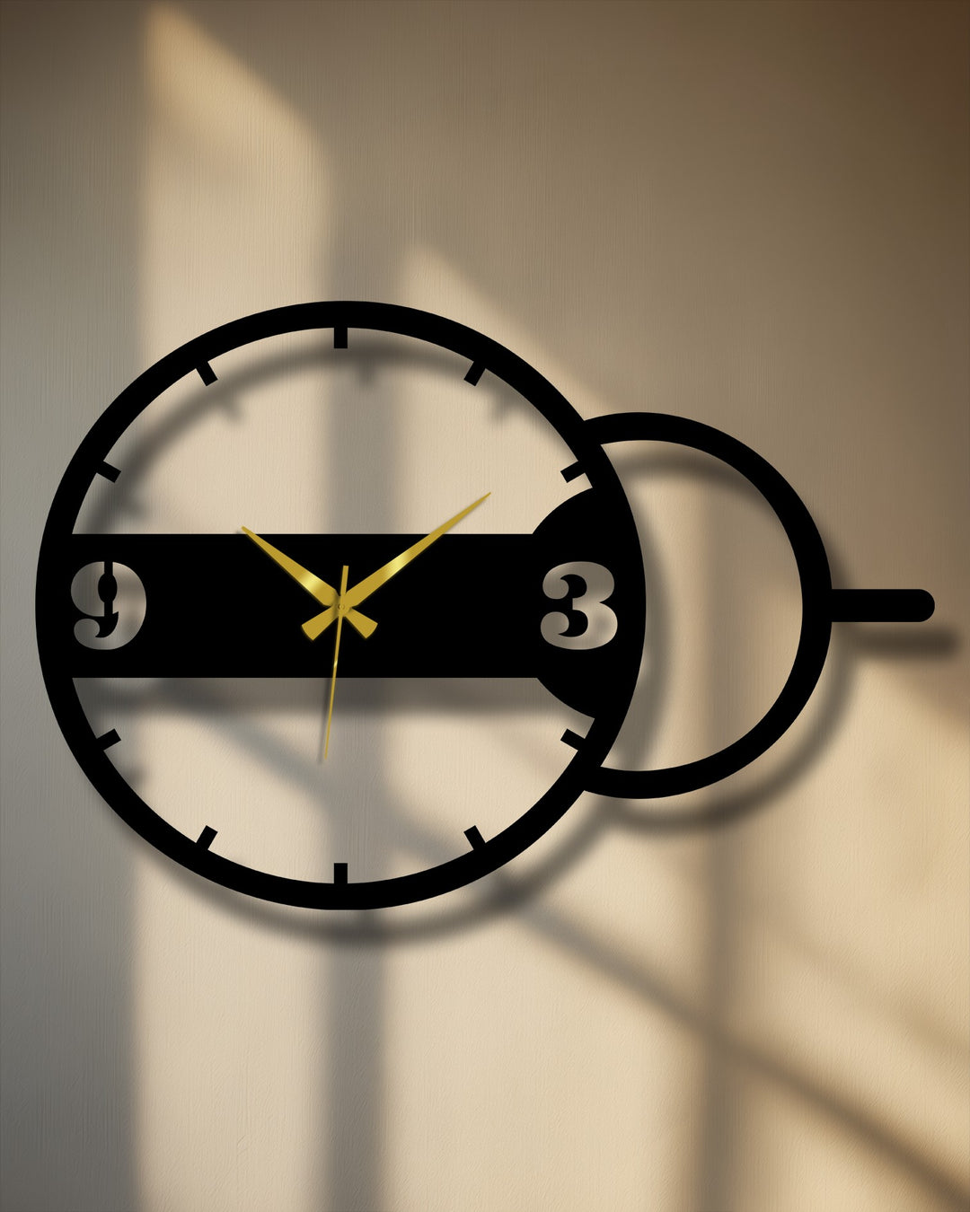 Geometric metal wall decor is evident in this modern wall clock featuring dual circles and precise lines, making it a minimalist home decoration.