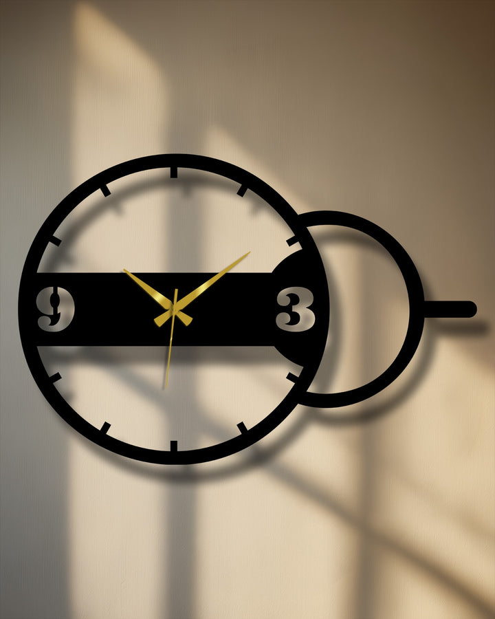 Geometric metal wall decor is evident in this modern wall clock featuring dual circles and precise lines, making it a minimalist home decoration.
