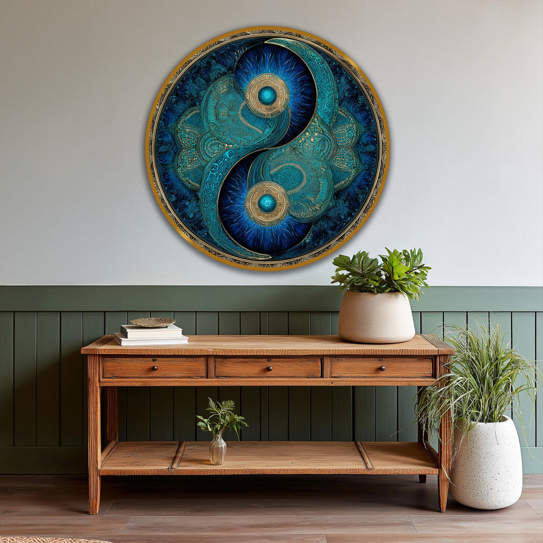 Layering intricate turquoise and gold details, this round oil painting art showcases a modern oil painting art interpretation of the yin yang symbol, creating depth.