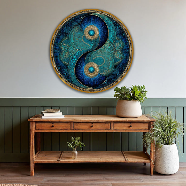 Layering intricate turquoise and gold details, this round oil painting art showcases a modern oil painting art interpretation of the yin yang symbol, creating depth.