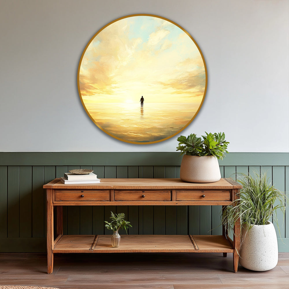The focal point of this golden sunset reflection round oil painting is the silhouetted figure, a contemplative oil painting art piece that draws the viewer into a warm horizon.