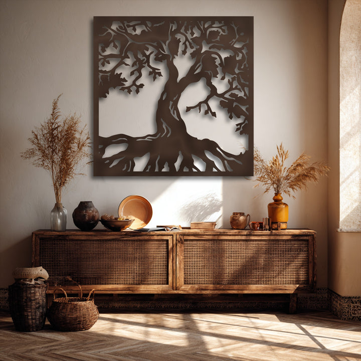 The deep brown, matte finish of the majestic tree silhouette metal artwork casts a striking shadow against the wall.
