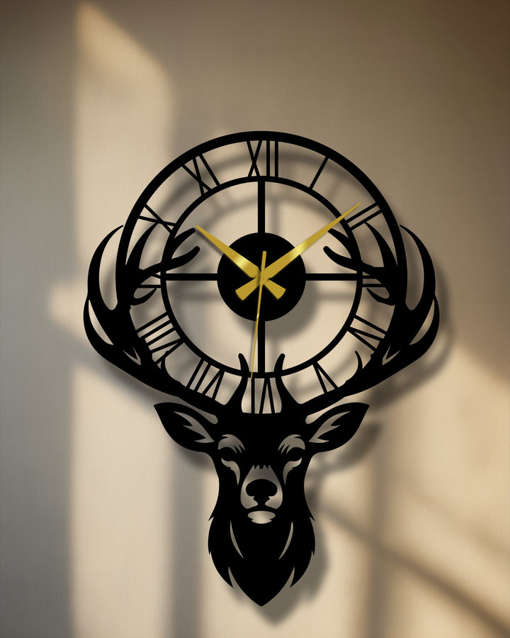 Illuminating shadows accentuate the rustic charm of the deer antler metal wall clock, creating a captivating interplay of light and form on this unique metal wall decor.