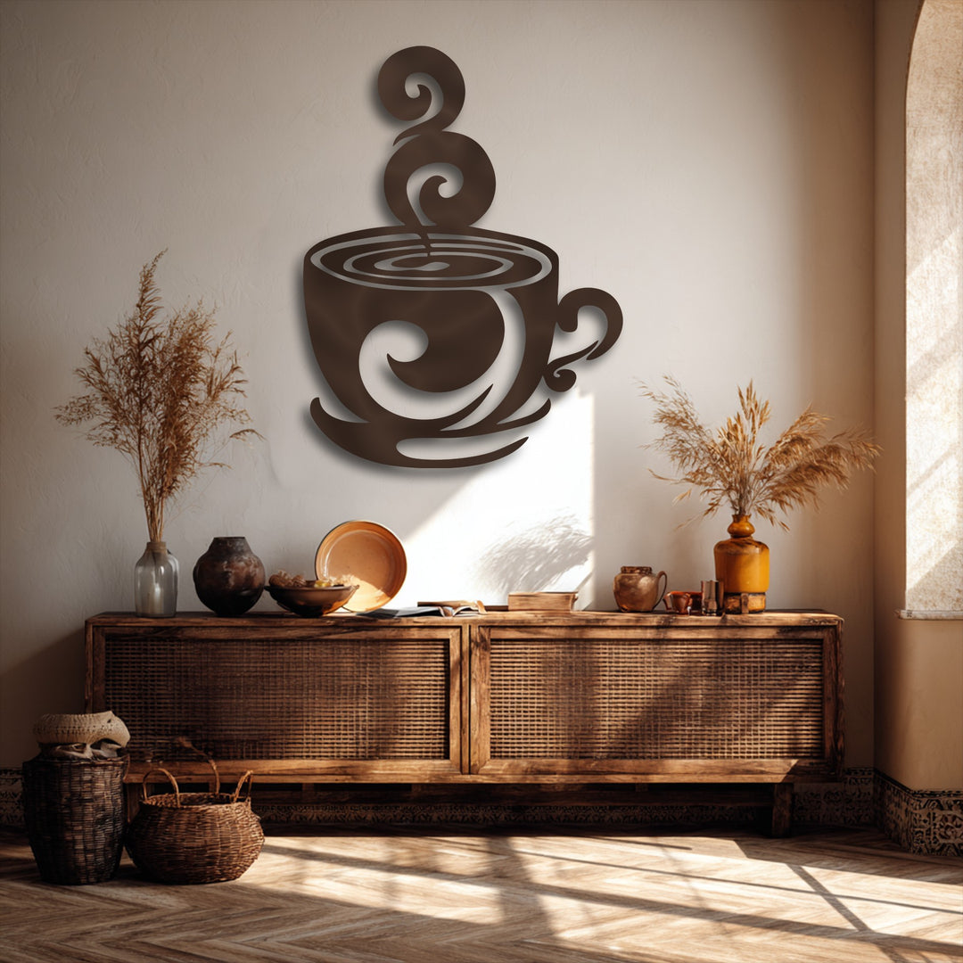 The organic forms of the swirling metal coffee cup decoration wall art create a captivating modern kitchen accent.