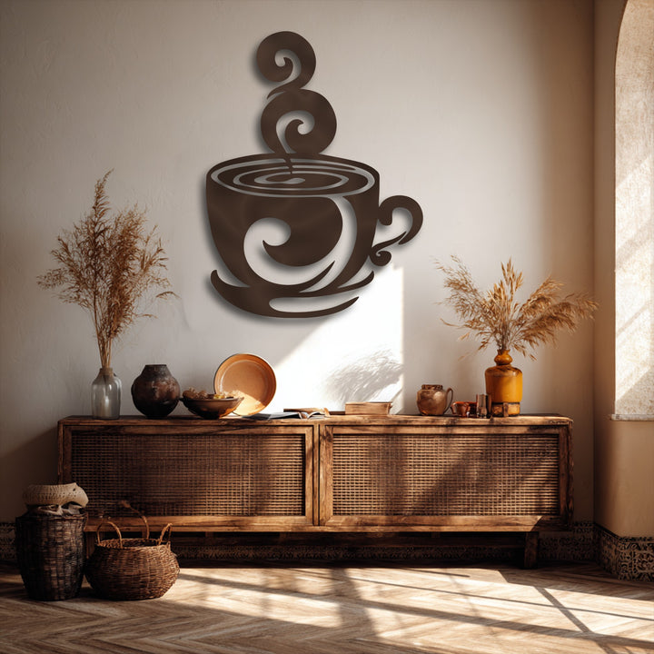 The organic forms of the swirling metal coffee cup decoration wall art create a captivating modern kitchen accent.