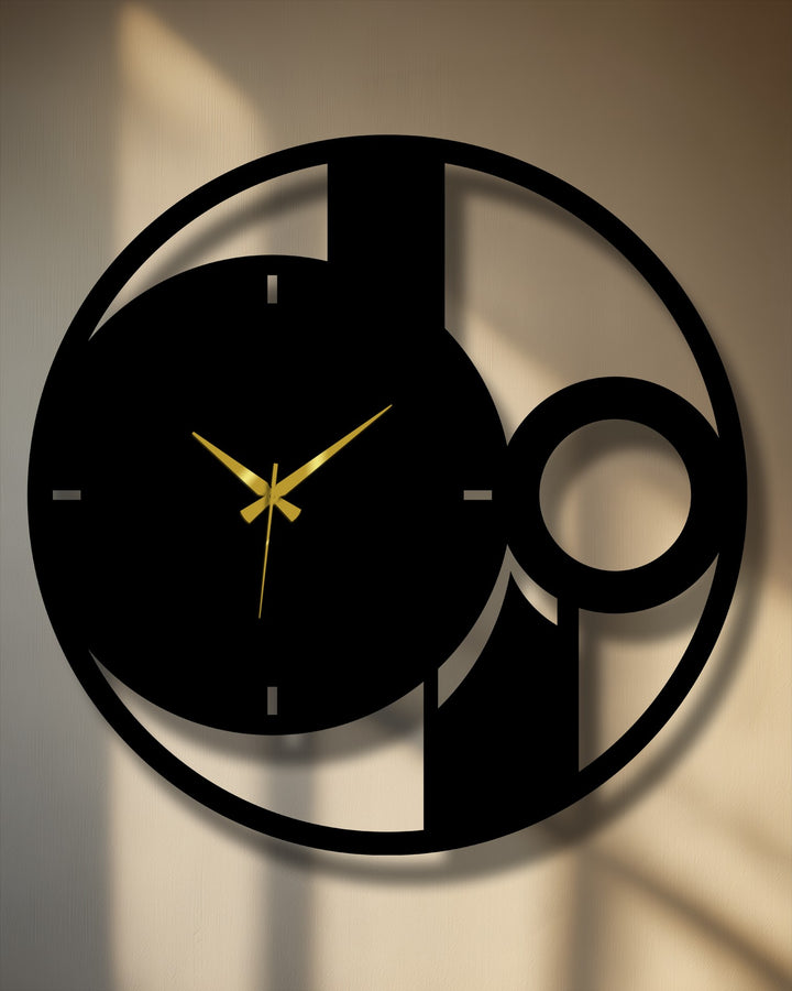 Aesthetic and artistic, the shadow-filled background enhances the mood of this abstract minimal circle metal wall clock, a distinctive piece of metal wall decor.
