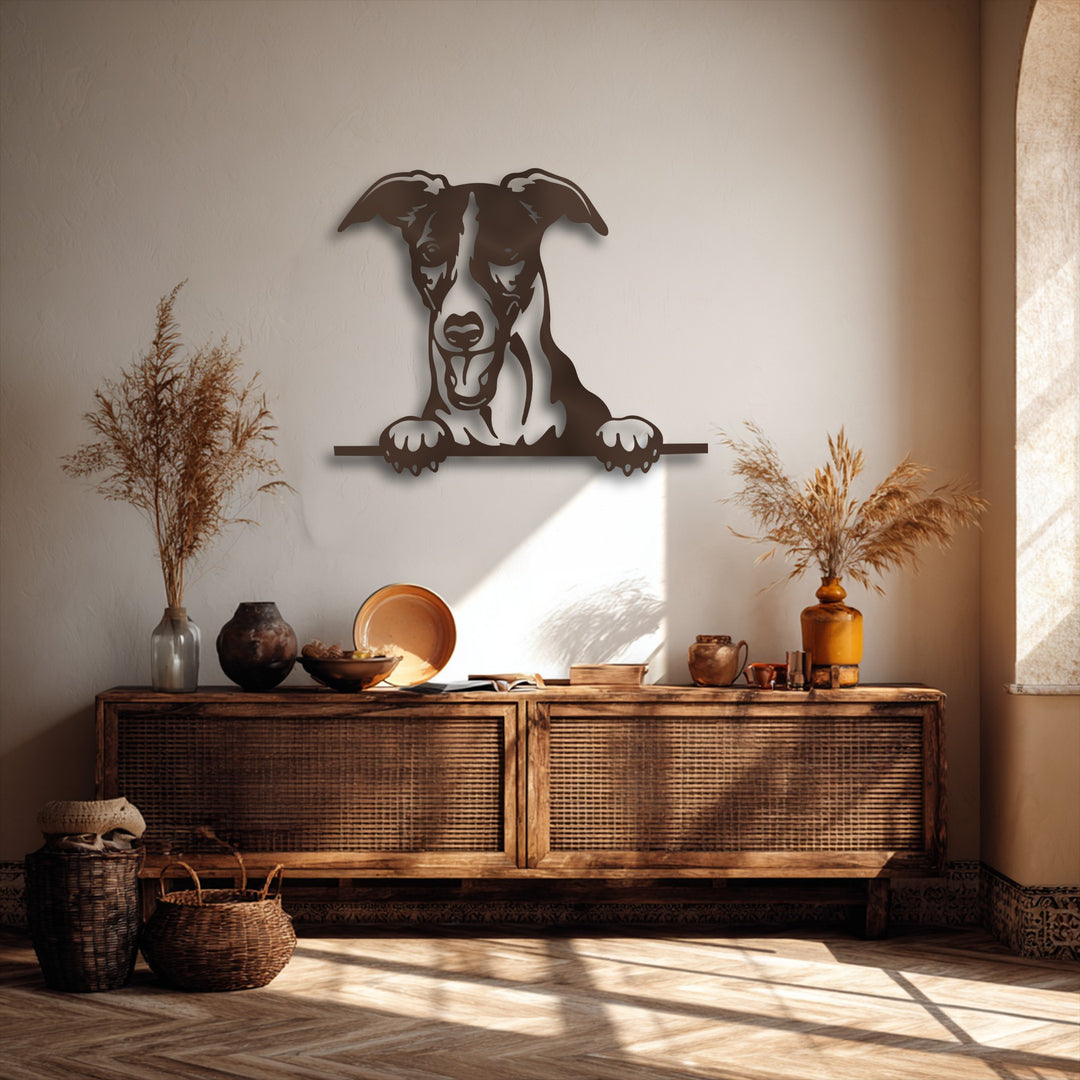 The stillness of the room is captured, highlighting the dark silhouette of the curious peeking puppy metal art for wall against a warm, sunlit backdrop.