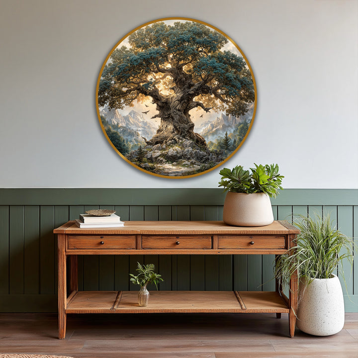 Majestic ancient oak, the central subject of this oil painting wall art, radiates warm sunlight against a breathtaking mountain landscape.