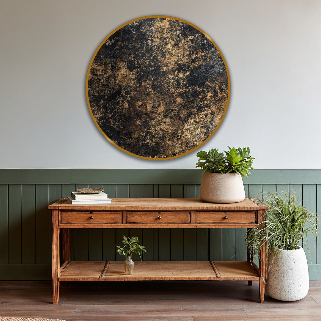 Featuring a stunning golden patina finish, this textured black and gold round oil painting evokes a luxurious oil painting art piece.