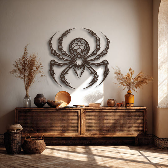 Intricate surface textures define the space, from the unique metal wall art depicting a gothic spider to the smooth wall and woven cabinet.