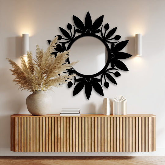 Organic petal shapes radiate from this floral halo round decorative wall mirror, a modern mirror showcasing botanical decoration wall art.