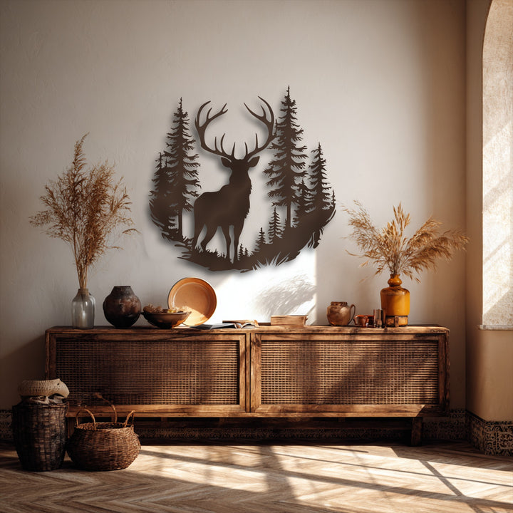 Earthy brown tones highlight the majestic deer and forest silhouette metal wall decor, creating a serene natural ambiance above a rustic cabinet.